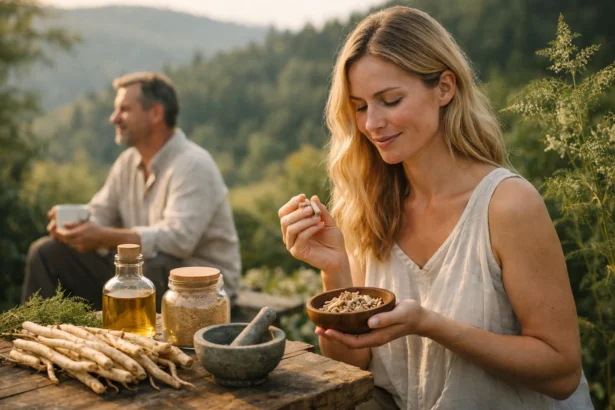 Nő természetes gyógynövényekkel és Shatavari gyökérrel a szabadban