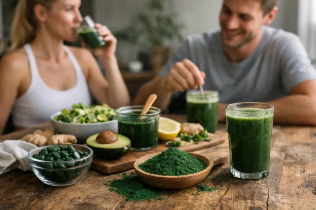 Spirulina por, ital és friss zöldségek tápláló kombinációja