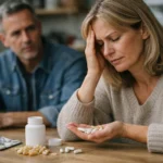 Nő, aki tömjén kapszulákat néz, aggódva gondolkodik a mellékhatásokról.