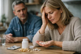 Nő, aki tömjén kapszulákat néz, aggódva gondolkodik a mellékhatásokról.
