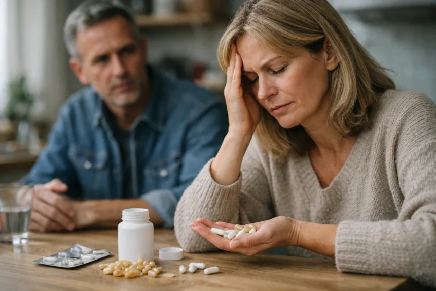 Nő, aki tömjén kapszulákat néz, aggódva gondolkodik a mellékhatásokról.