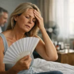 Fáradt nő a változókor tüneteivel, hőhullámra reagálva.
