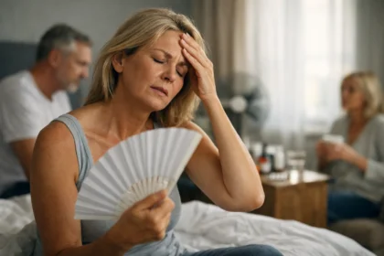 Fáradt nő a változókor tüneteivel, hőhullámra reagálva.