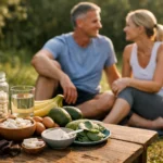 Két felnőtt a szabadban, tápláló ételekkel és vitaminokkal. Egészséges életmód.