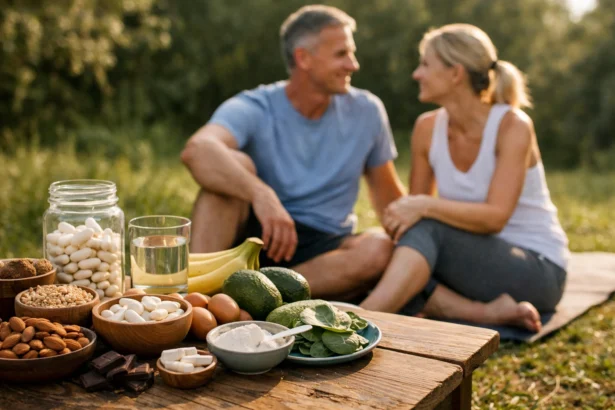 Két felnőtt a szabadban, tápláló ételekkel és vitaminokkal. Egészséges életmód.