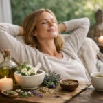 Nő a természetes gyógynövények között, nyugodt szellőzésben.