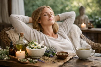 Nő a természetes gyógynövények között, nyugodt szellőzésben.