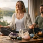 Meditáló pár kristályokkal és gyertyával az egyensúlyért.