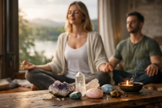 Meditáló pár kristályokkal és gyertyával az egyensúlyért.