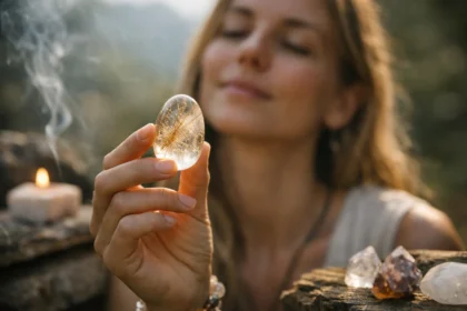 Rutilkvarc meditáció során a természetben, gyógyító energiákkal feltöltődve.