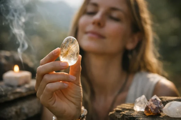 Rutilkvarc meditáció során a természetben, gyógyító energiákkal feltöltődve.