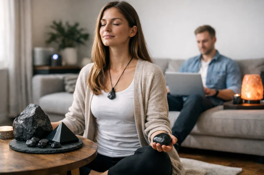 Nő meditál shungit kövekkel, háttérben férfi laptopozik.