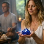 Egy nő zafír kristályt tart a kezében meditálva, háttérben füstölővel.