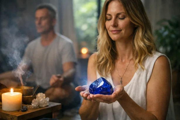 Egy nő zafír kristályt tart a kezében meditálva, háttérben füstölővel.
