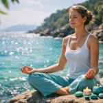 Meditáló nő türkiz kövekkel a vízparton, nyugodt légkörben.