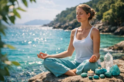 Meditáló nő türkiz kövekkel a vízparton, nyugodt légkörben.