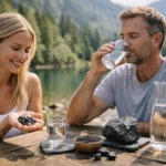 Pár a természetben, sungit ásványok és víz mellett