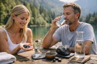 Pár a természetben, sungit ásványok és víz mellett