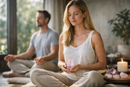 Kunzite kristály meditáció közben a lelki jólétért és egészségért.