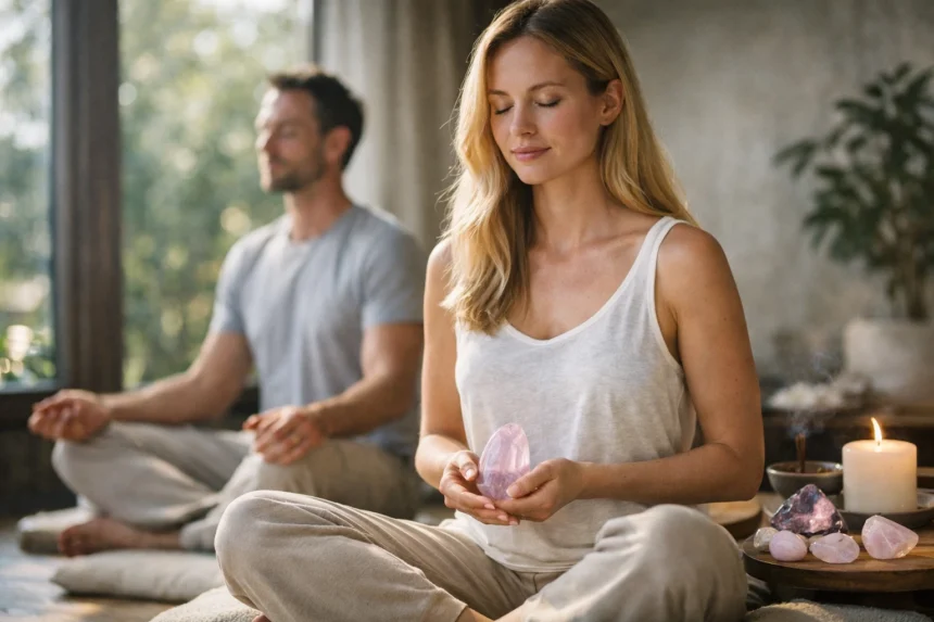 Kunzite kristály meditáció közben a lelki jólétért és egészségért.