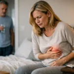 Nő gyomorfájdalommal ül az ágyban, férfi vízzel a háttérben