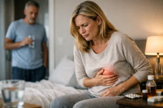 Nő gyomorfájdalommal ül az ágyban, férfi vízzel a háttérben