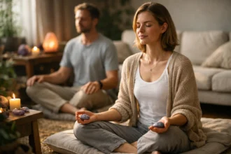 Pár meditál lepidolittal, nyugalmat és harmóniát keresve