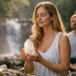 Nő meditál tejkvarccal a természetben, vízesés háttérrel