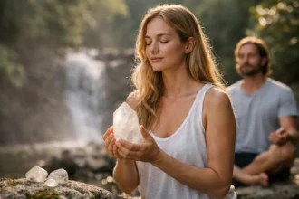 Nő meditál tejkvarccal a természetben, vízesés háttérrel