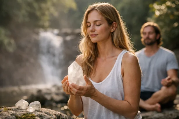 Nő meditál tejkvarccal a természetben, vízesés háttérrel