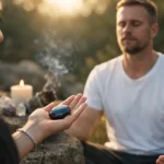Hematit ásvány meditáció során, gyógyító energiák aktiválása.