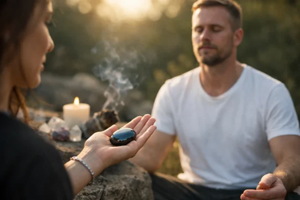 Hematit ásvány meditáció során, gyógyító energiák aktiválása.