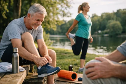 Két ember sportol a szabadban, az egészséges ízületek érdekében.