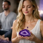 Nő lila achát kővel meditálva, nyugtató légkörben