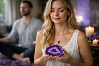 Nő lila achát kővel meditálva, nyugtató légkörben