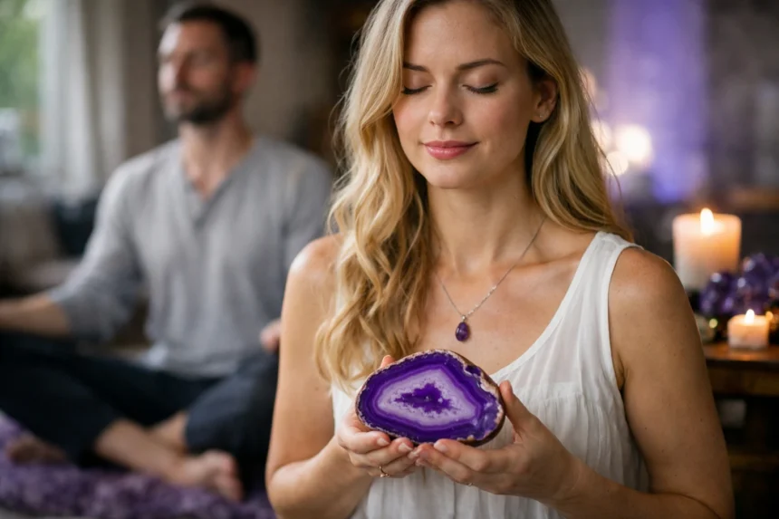 Nő lila achát kővel meditálva, nyugtató légkörben