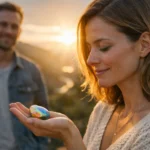 Nő opál kövekkel a kezében, naplementében, tükrözve az érzelmi gyógyítást.