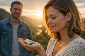 Nő opál kövekkel a kezében, naplementében, tükrözve az érzelmi gyógyítást.