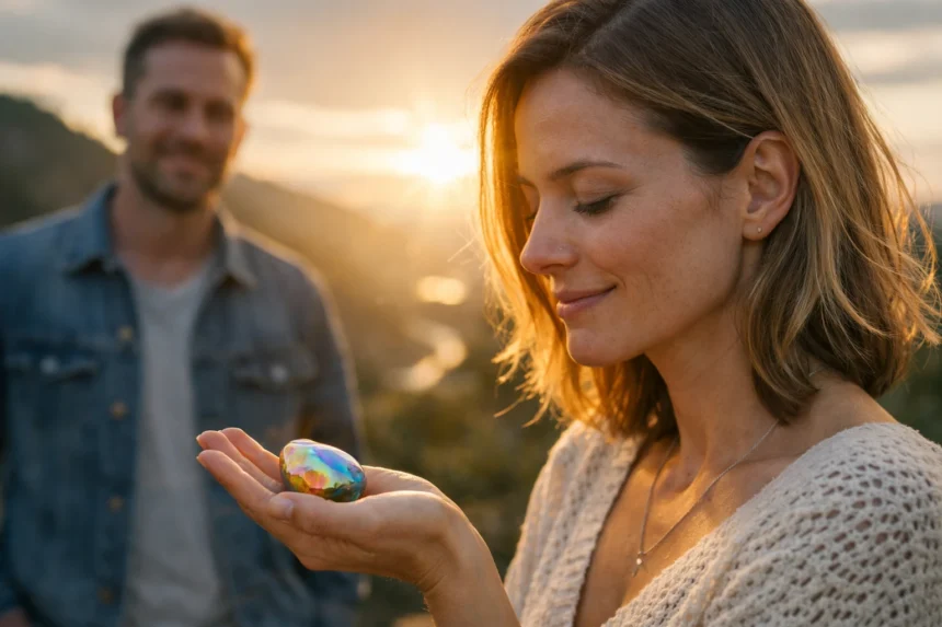 Nő opál kövekkel a kezében, naplementében, tükrözve az érzelmi gyógyítást.