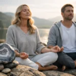 Szürke achát kő meditáló párral a természetben