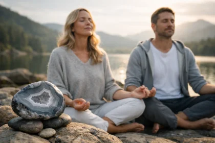 Szürke achát kő meditáló párral a természetben