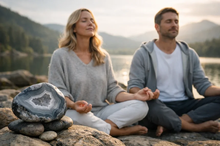 Szürke achát kő meditáló párral a természetben