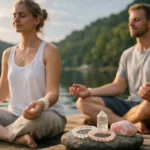 Meditáló pár hegyikristály és rózsakvarc karkötőkkel egy gyönyörű tóparton.