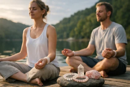 Meditáló pár hegyikristály és rózsakvarc karkötőkkel egy gyönyörű tóparton.