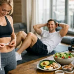 Nő a hasi zsír mérése edzés közben, egészséges ételekkel mellett.