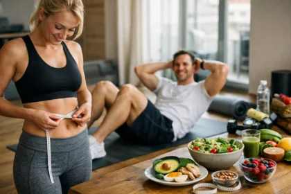 Nő a hasi zsír mérése edzés közben, egészséges ételekkel mellett.