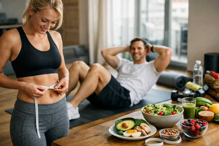 Nő a hasi zsír mérése edzés közben, egészséges ételekkel mellett.
