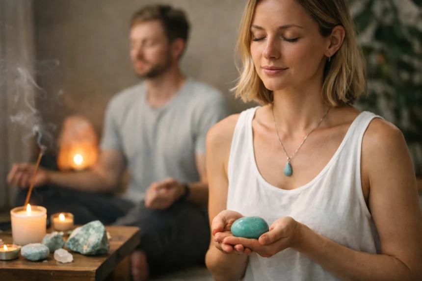 Egy nő az amazonit ásvánnyal meditál, háttérben férfiaztán.