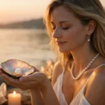 Nő gyöngyházi fényben, gyöngy a tenyérben, békés környezetben.