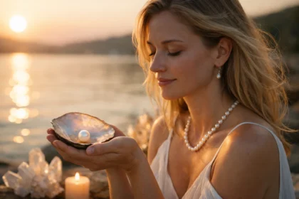 Nő gyöngyházi fényben, gyöngy a tenyérben, békés környezetben.